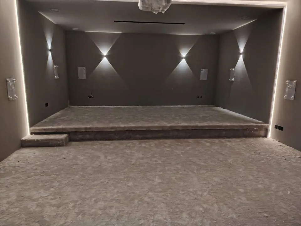 The carpeted riser and LED frame finished, before the seating arrived