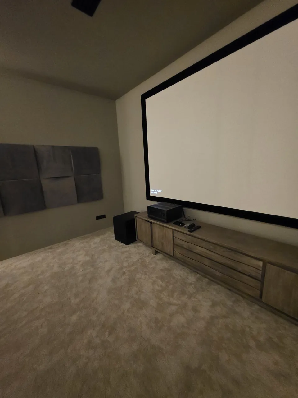 The 150-inch acoustically transparent screen and the treated side wall